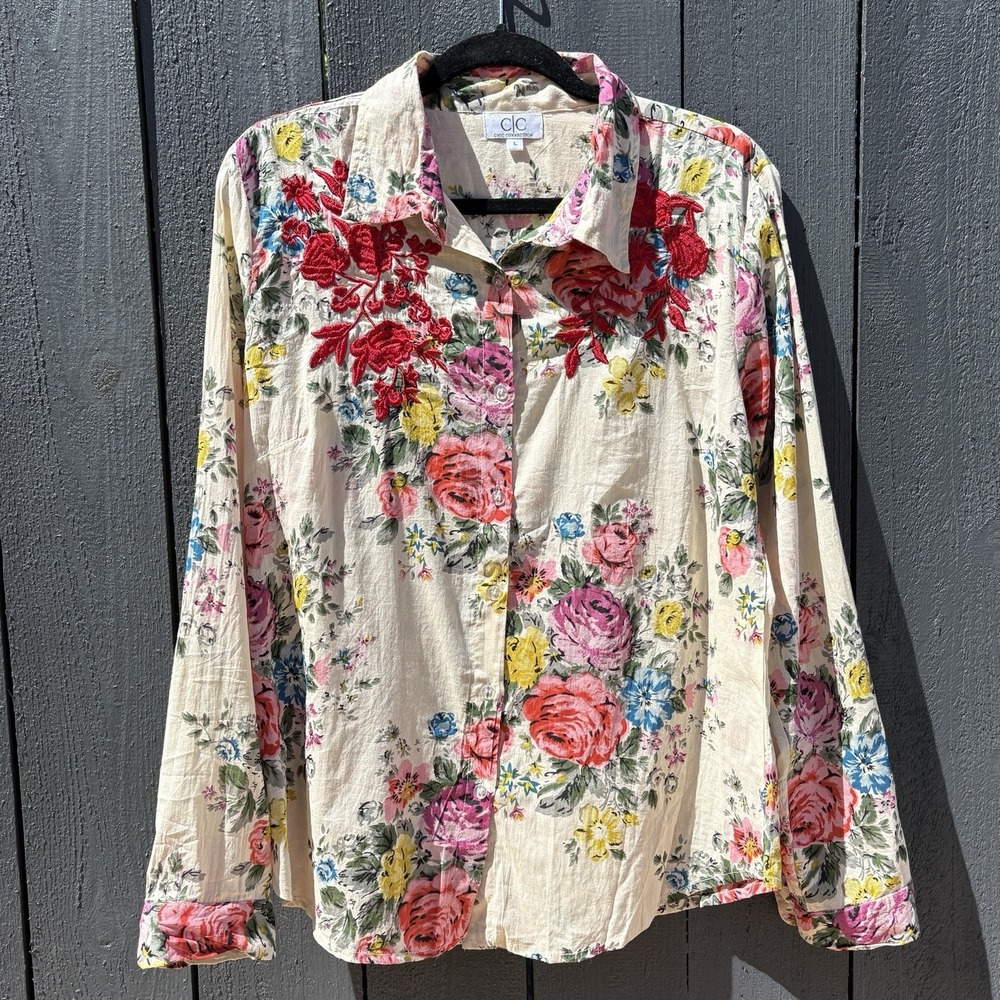 Boho Cottage Floral Embroidered Top Womens L Western Romantic Button Up Long Sl